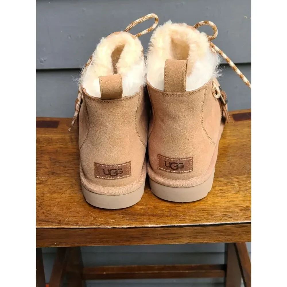 UGG Chestnut Suede Dune Mini Shearling Lace Up Boot size 8